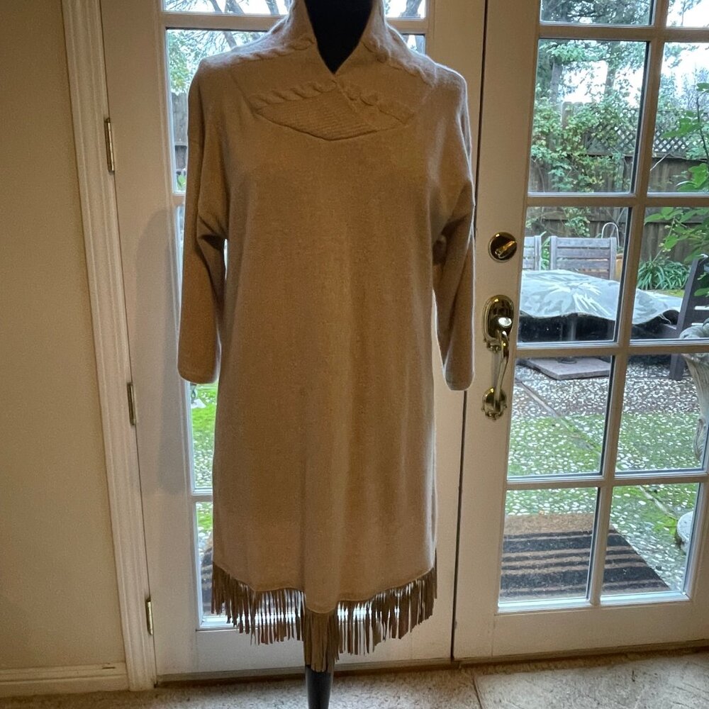 Rani Arabella Beige Long Sleeve Fringe Hem Dress